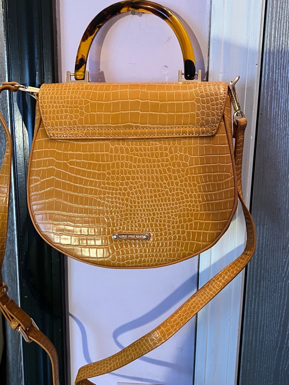 Croc-Embossed Saddle Crossbody Bag in Cognac with Tortoiseshell Handle